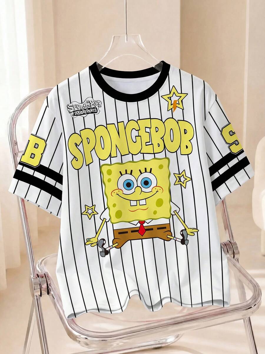 SpongeBob SquarePants | SHEIN 女款卡通圖案條紋短袖圓領T恤 - 白色 - 查看 1