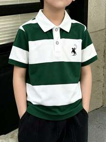 男童針織 Polo 衫，拼色拼接幾何印花圖案上衣，適合外出、學校或派對，夏季上衣 - 綠色 - 查看 5
