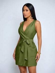SOLERSUN Elegant And Casual V-Neck, Fitted Waist, Belted Short Dress For Women, Suitable For Everyday Commuting And Casual Wear, Beach Vacations, Mother's Day Short Dress, Yellow Dress. - Army Green - View 5