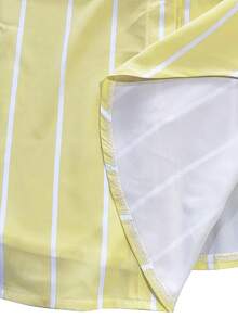 SHEIN 1件青少年女孩夏季休閒時尚經典舒適粉色條紋立領短袖中長版寬鬆襯衫洋裝，附開衩下擺與腰帶，適合日常穿著、購物、度假及其他場合 - 黃色 - 查看 4