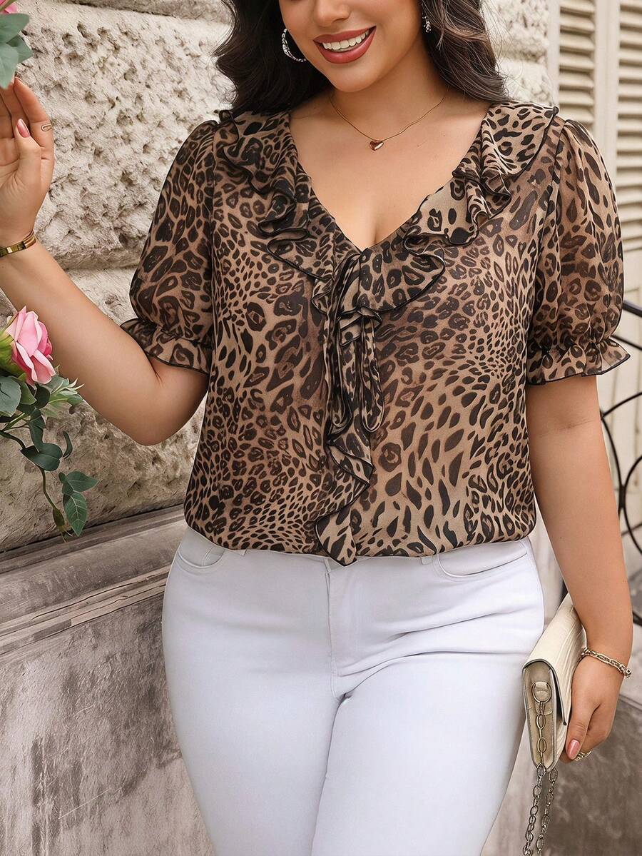 Reflora Plus Size Women's Leopard Print Ruffle Fashion Elegant Versatile Daily Wear Dinner Blouse Chocolate Brown Summer - Multicolor - View 1