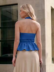 Aveloria Modichic European American Style Spring/Summer Fashion Versatile Solid Color Knit Woven Patchwork Halter Neck Women's Top Vacation Night Out Navy Blue Elegant - Blue - View 4