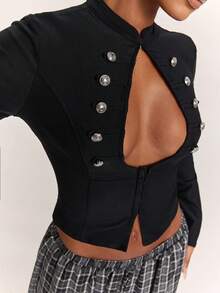 SHEIN BAE Damen-Figurjacke, Vintage sexy doppelreihiger Napoleon-Mantel mit schmaler Taille, für Nachtausgang und Club, Schwarz und Silber, Herbst - Schwarz - Übersicht 7
