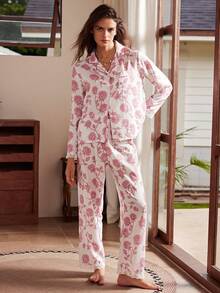 Lullawish Conjunto de pijama para mujer elegante vintage romántico con estampado floral, encaje bordado y patchwork, cómodo y tejido - Multicolor - Ver 3