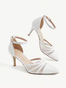 CUCCOO CHICEST Women's White Mesh Leather Stitched Back Empty High Heels, Pointed Ankle Strap Stiletto Commuter Shoes - White - View 2