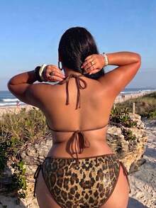 Swim Vcay Plus Size Women's Summer Beach Leopard Print Halter Tie Sexy Bikini And Triangle Bottom Two-Piece Swimsuit Set - Coffee Brown - View 2