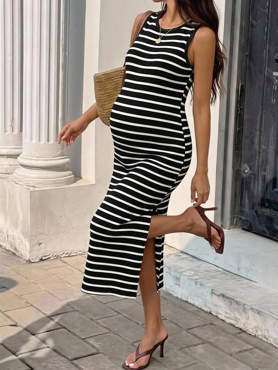 SHEIN Women's Maternity Vacation Striped Colorblock Round Neck Side Slit Dress - Black - View 1