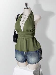 SHEIN ICON 大尺碼掛脖深V領收腰A字露背波點背心上衣，復古Y2K波點掛脖背心，娃娃裝波點掛脖露背上衣 - 軍綠色 - 查看 5
