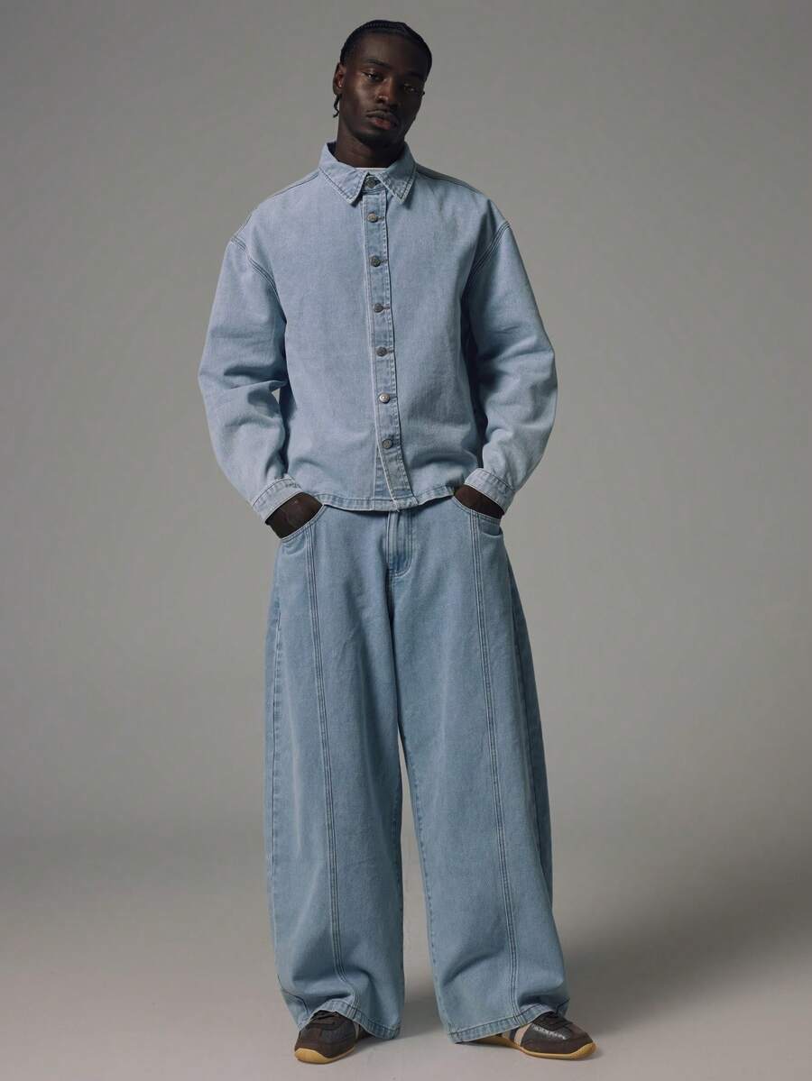 Musero Collared Long Sleeve Denim Shirt Oversized Boxy Fit Spring Summer Essentials - Blue - View 1