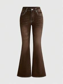 ROMWE Goth Jeans acampanados con bordado de alas de strass - Marrón - Ver 2