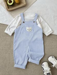 SHEIN 男婴/女婴秋冬套装：背带裤、连体裤，可爱小熊刺绣黑白条纹背带裤连体裤，舒适百搭时尚休闲基础款，适合室内、户外滑雪、日常穿着、运动、玩耍、派对、节日、万圣节、圣诞节、新年等场合。 - 藍色 - 查看 6
