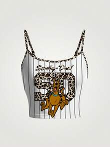 SCOOBY-DOO X SHEIN 女士夏季时尚豹纹卡通狗印花拼接修身短款吊带背心 - 白色 - 查看 1