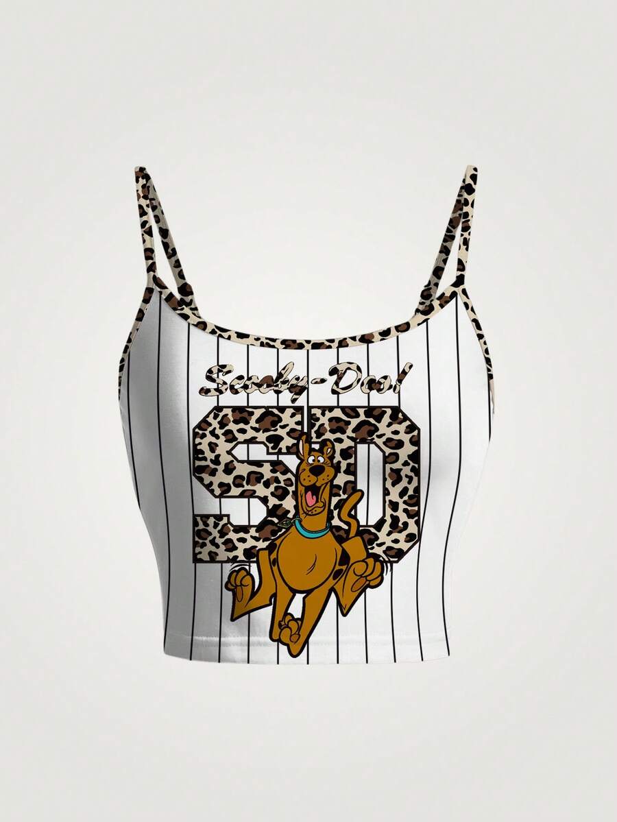 SCOOBY-DOO X SHEIN 女士夏季时尚豹纹卡通狗印花拼接修身短款吊带背心 - 白色 - 查看 1