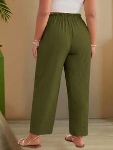 Travachic Plus Size Women's Solid Color Ruffle Waist Tie Casual Tapered Pants Fall - Green - View 2