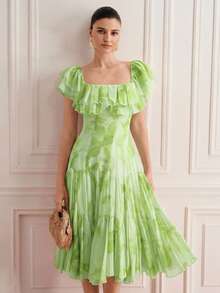 Zanirela Summer Yellow Colorblock Tie-Dye Floral Random Print Chiffon Off Shoulder Dress, Layered Ruffle Design, 3D Cut Multi-Layer Inset Craftsmanship, Romantic Elegant Style, Suitable For Summer Parties, Beach Vacation And Wedding Bridesmaid, Waist-Cinching Slim Fit, Lightweight Pleated Chiffon Fabric, Layered Ruffle Skirt For Summer Vacation, Date And Picnic - Green - View 6