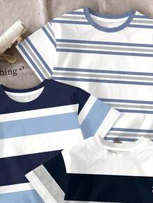 小男孩 T-Shirt 3 件組，適合春夏，經典酷帥復古休閒拼接拼色圖案印花，精緻小 Logo 圖案印花，適合秋冬，適合返校季 - 彩色 - 查看 5