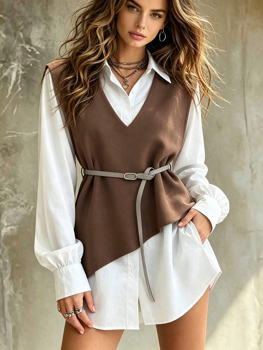 Franclia 2025秋季新品:女士二合一外套衬衫套装,采用巧妙的不对称剪裁、精致的纽扣装饰和可调节腰带,流畅的线条勾勒出纤细的身形,适合办公通勤、休闲周末和日常出行。休闲工作上衣 女士工作上衣 棕色女式衬衫 商务休闲女式衬衫 棕色女式衬衫 - 駝色 - 查看 1
