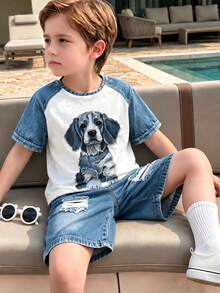 1 SET Boys Fashionable Cute Puppy Print Casual Crew Neck Short Sleeve T-Shirt And Shorts, Simple, Versatile, Suitable For Daily Wear - Multicolor - View 1
