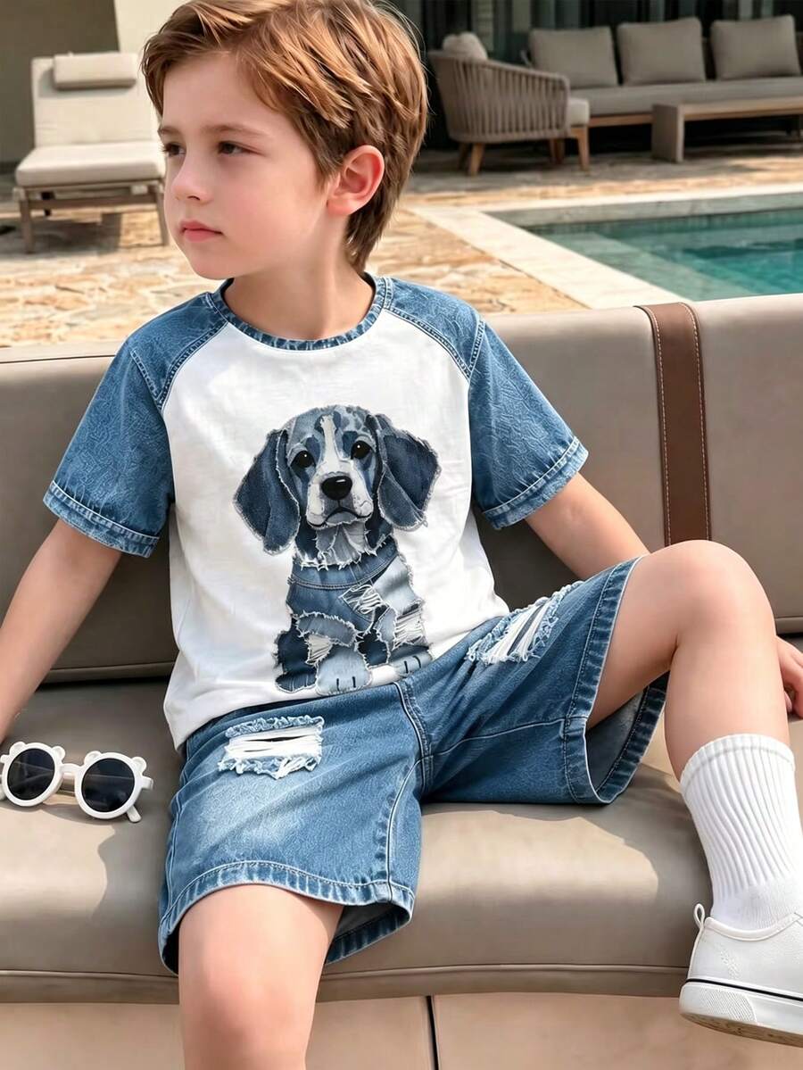 1 SET Boys Fashionable Cute Puppy Print Casual Crew Neck Short Sleeve T-Shirt And Shorts, Simple, Versatile, Suitable For Daily Wear - Multicolor - View 1