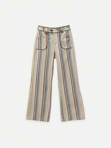 Nöista Multicolour Vertical-Stripe Wide-Leg Trousers With Front Patch Pockets. Everyday Outfits, Casual, College, Day-To-Night, Fall, Autumn, Winter. - Pink - View 11