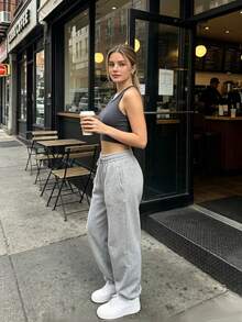 Gameset SHEIN Sport Solid Color Halter Neck Sports Bra Gym Gray Summer Athleisure Athletic Modest Athleisure Pilates Gym - Grey - View 2