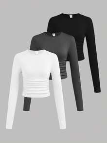3pcs Tween Girls Solid Color Crew Neck Ruched Long Sleeve T-Shirt Undershirts, Casual For Autumn/Winter - Dark Grey - View 10