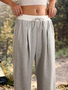 Exploreva Exploreva Women's Casual Versatile Colorblock Drawstring Waist Pocket Outdoor Sweatpants - Grey - View 4