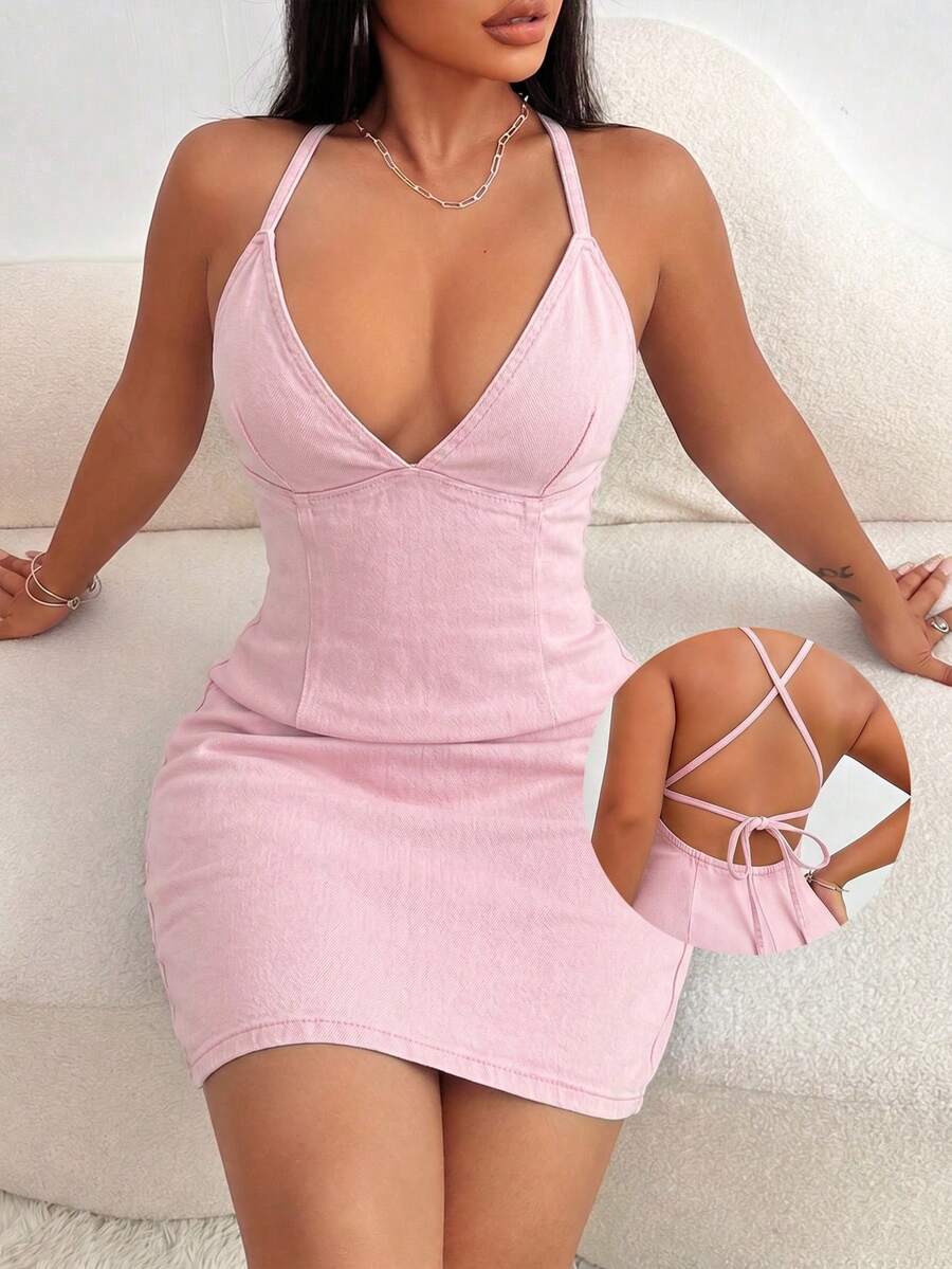 SHEIN SXY 女款深V領露背交叉設計性感掛脖牛仔洋裝 - 粉色 - 查看 1