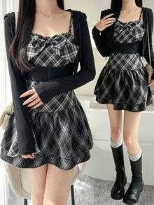 FRIFUL Women's Plaid Pleated Spaghetti Strap Dress And Solid Color Drawstring Hooded Long Sleeve Top Casual Daily 2 Pieces Set School Cute Tops - Black - View 2