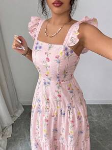 SHEIN Elenzya 女士碎花褶皱腰身连衣裙，适合通勤、外出、野餐、情人节约会、水疗度假村、海滩派对、旅行休闲等场合。 - 淺粉色 - 查看 8
