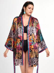 Slumbrini Plus Size Tiger Plant Pattern Contrast Stripe Satin Robe - Multicolor - View 3