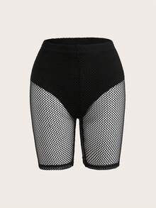 SHEIN ICON Rave Solid Fishnet Insert Cycling Shorts - Black - View 9