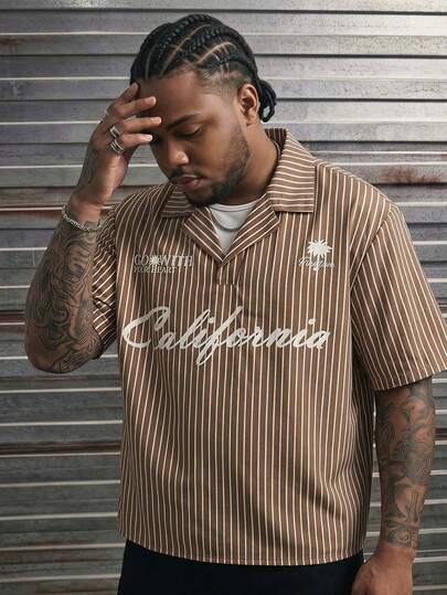 AXEPEAK Men's Plus Size Summer Casual Striped Letter Print Shirt