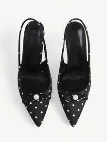 CUCCOO CHICEST Women Shoes Spring And Summer New Models, Polka Dot Satin Pointed Back Empty Sandals, Pearl Bow Stiletto High Heels, Gentle And Sweet Style, Daily - Black - View 7