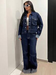 Jeanoix Jaket Denim Kasual Lengan Panjang Kancing Tunggal Ukuran Besar untuk Wanita dengan Kantong Serbaguna - Dark Wash - View 3