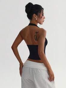 Easithlete Easithlete Kaos Olahraga Wanita Warna Polos, Potongan Slim Fit, Serbaguna untuk Pemakaian Sehari-hari, Model Halter Neck - Hitam - View 2