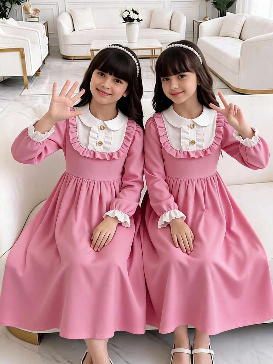 Elladie kids Tween女孩春秋返校季休閒時尚2合1洋裝，設計感拼色荷葉邊玫瑰紅3D蝴蝶結長袖長洋裝，適合春秋返校季，可愛優雅淑女風，適用日常上學、度假、拍照