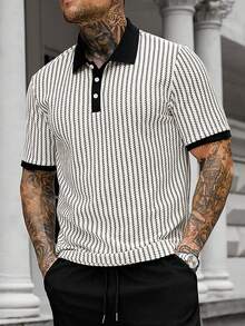 Manfinity CasualCool 男士夏季街頭休閒條紋拼接滾邊 Polo 衫 - 黑與白 - 查看 3
