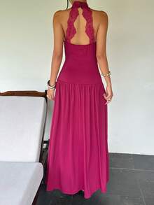 Sunnyshic Women's Summer Burgundy Knitted High Elastic Dress Mid-Neck Halter Tie Back Open Back Cinched Waist A-Line Elegant Tea Party Dinner Date Wedding - Burgundy - View 2