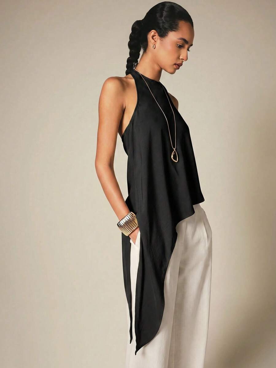 KSTM Halter Neck Asymmetric Draped Top With Open Back And Flowing Scarf Detail For Evening And Summer Occasions - Black - View 1