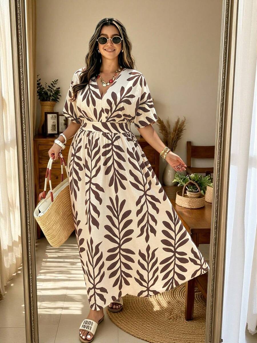 Ceyna Plus Size Tropical Vacation Style Leaf Print V-Neck Waist-Defining Summer Dress - Khaki - View 1