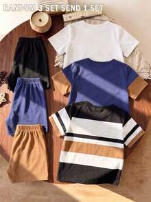 Random 3 Sets Get 1 Set Boys' Fashion Pony Series Graphic Print Casual Crew Neck Short Sleeve T-Shirt With Color Block Striped Shorts - Multicolor - View 2