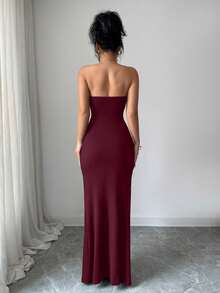 Allurite Sommer Neues sexy Kleid, trägerlos mit Kunst-Fischgräten-Linien-Dekor, figurbetontes Meerjungfrau-Langkleid, Taillendrapierung-Design, Hochzeit, Abendessen, Cocktail, elegant - Bordeaux - Übersicht 2