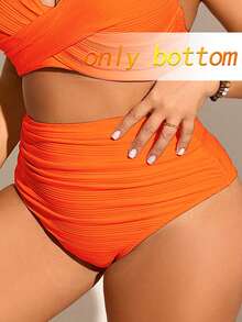 Swim Chiccia Plus Size Women Ribbed Fabric Solid Color Ruched Tummy Control Swimwear Bottom, Suitable For Daily And Holiday Wear For Summer Beach Vacation - Orange - View 3