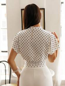 Andrea Bello Women's Polka Dot Fitted Short Sleeve Fashionable Cropped Summer T-Shirt Casual Vacation - White - View 2