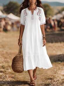 EMERY ROSE Plus Size Versatile Heavy Floral Embroidery Ruffle Hem Dress Vacation Business White Summer Bohemian - White - View 1