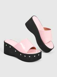 Sugerpunk Women Heeled Sandals With Open-Toed Thick-Soled Locomotive Rivets Slippers - Pink - View 3