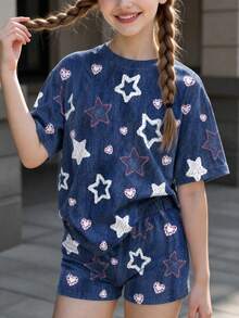 復古甜美時尚星星與水鑽愛心圖案，青少年女孩休閒極簡短袖T恤與短褲兩件套，適合夏季，美式復古甜美 - 彩色 - 查看 7