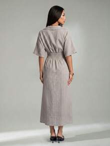 SHEIN PETITE Women's Fashionable Beige Long-Sleeve Collared Commuter Dress Teachers' Day Office Summer French Elegant - Apricot - View 2