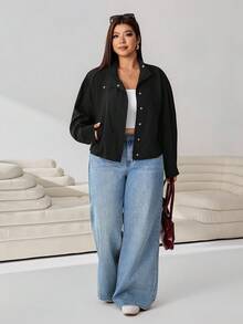 Solflare Plus Size Casual Versatile Black Jacket, Autumn - Black - View 5